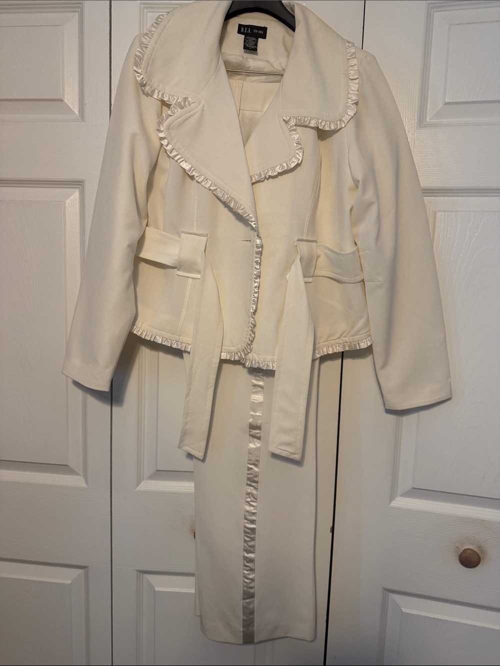 White Women's Belted Ruffle-Trim Jacket by